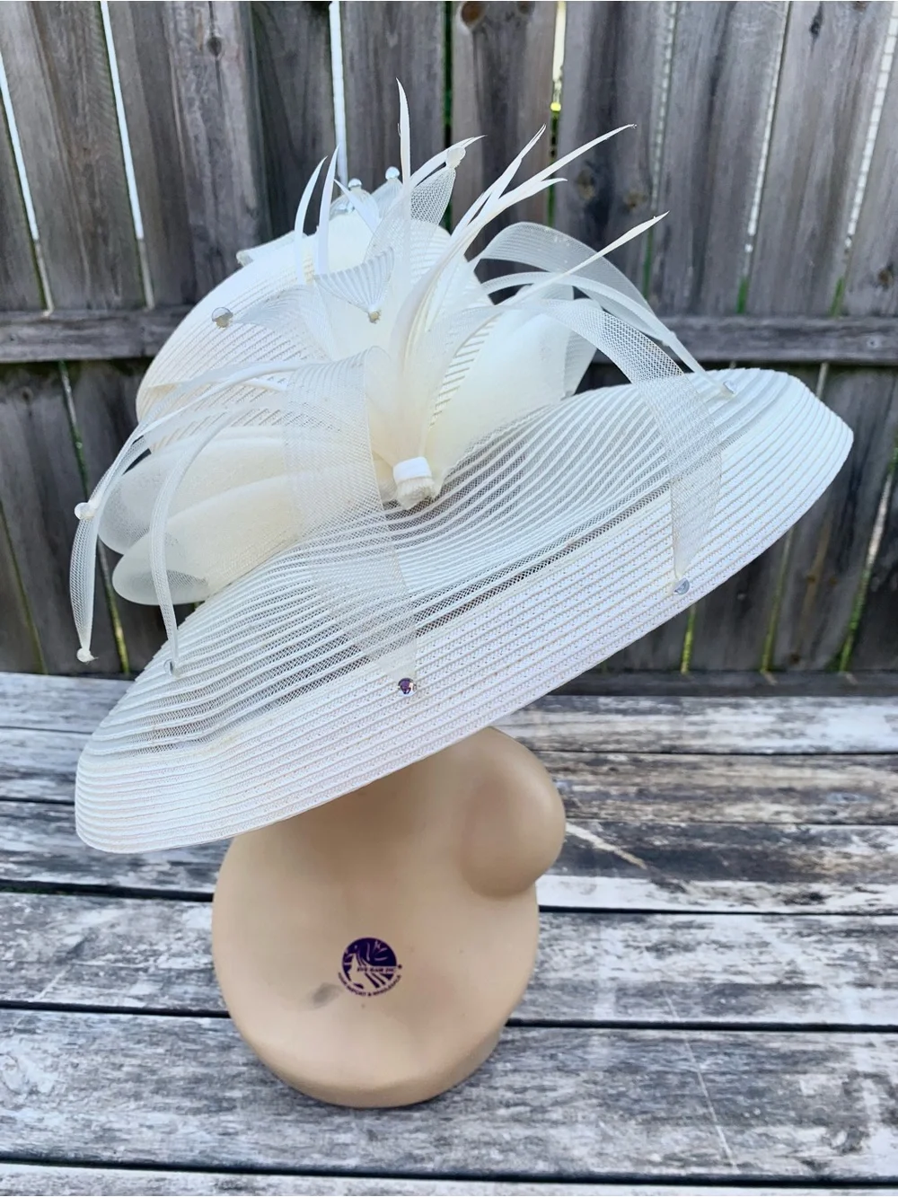 Vintage Ivory White Wide Brim Church Derby Hat Feathers Rhinestones Mesh